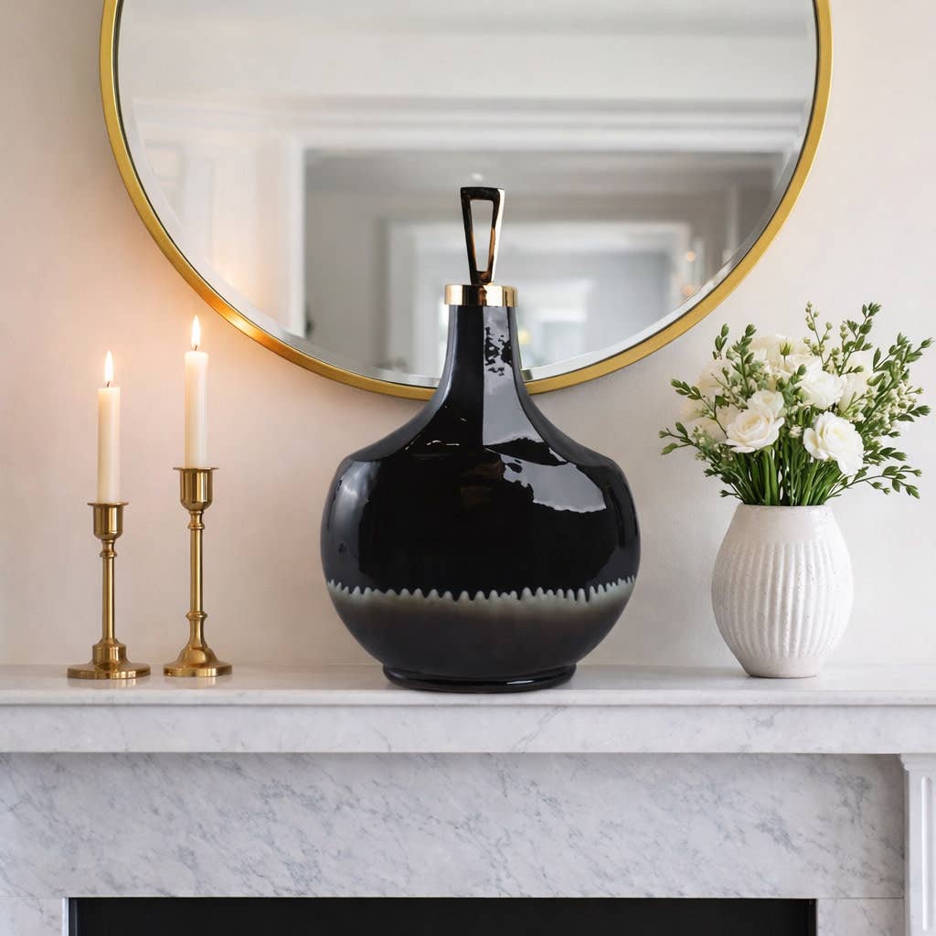 Decorative Bottle - Black Metal Topper Brass Trim, 20 in.