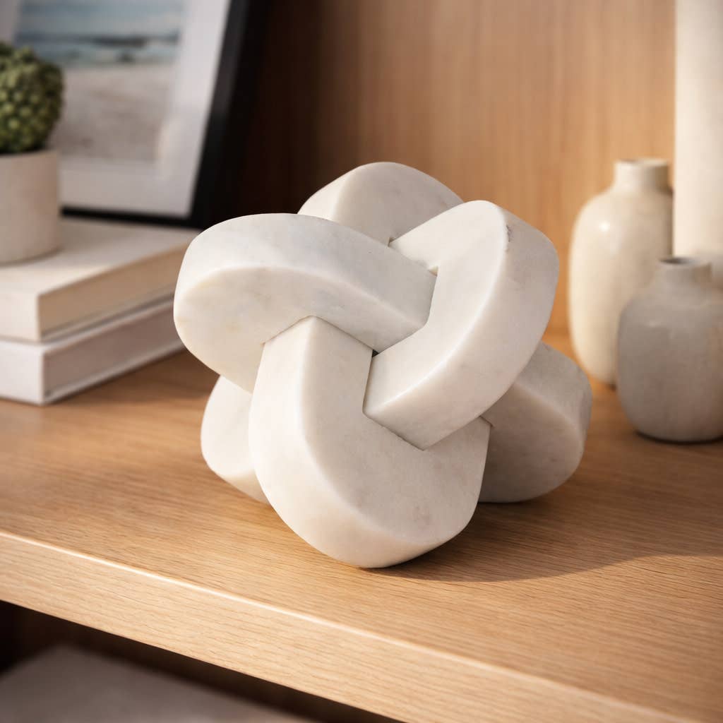 Sculpture - White Marble Interlocking Knot Design, 6 in.