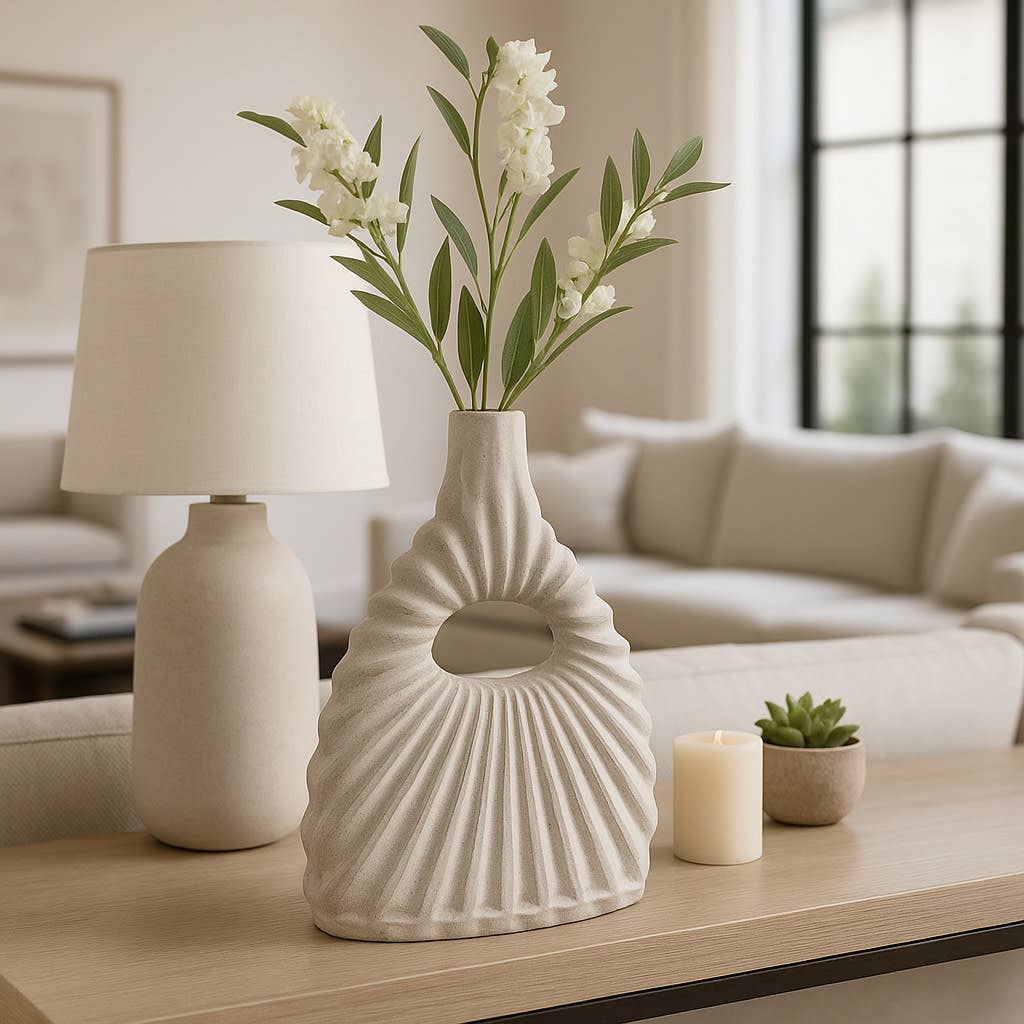 Decorative Vase - Ivory Ceramic Styling Short, 17 in.