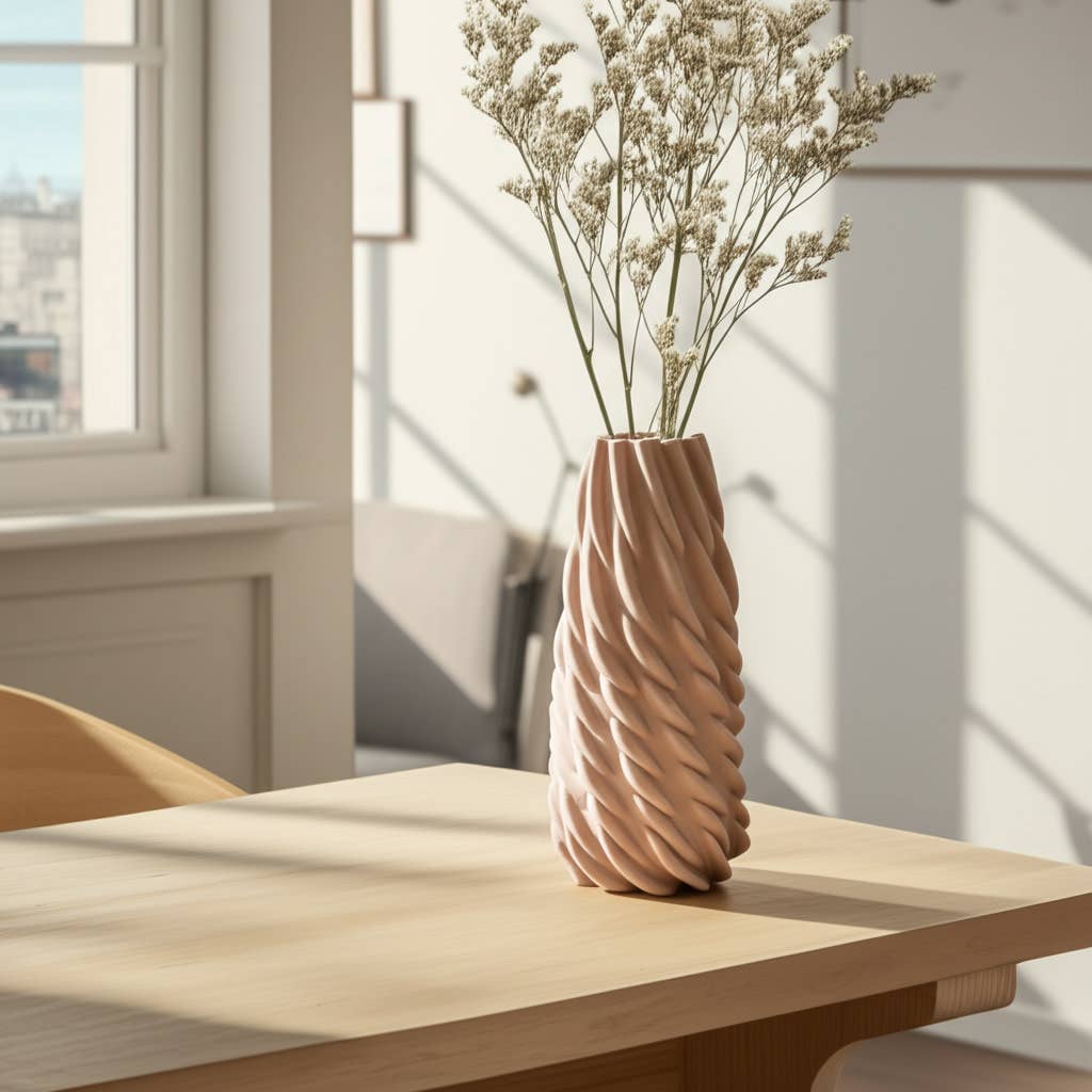 Decorative Vase - Pink Ceramic Twisted 3D Printed, 12 in.