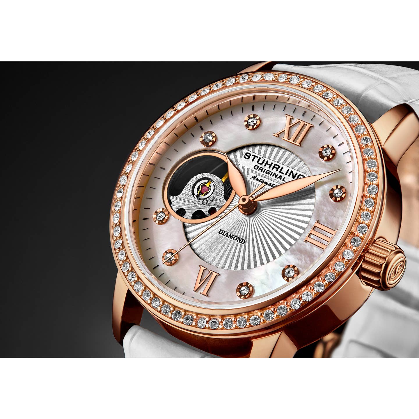 Stuhrling Original Legacy Women's Automatic Watch, 34mm, White Mother-of-Pearl Dial, White Embossed Leather Strap, Skeleton Dial