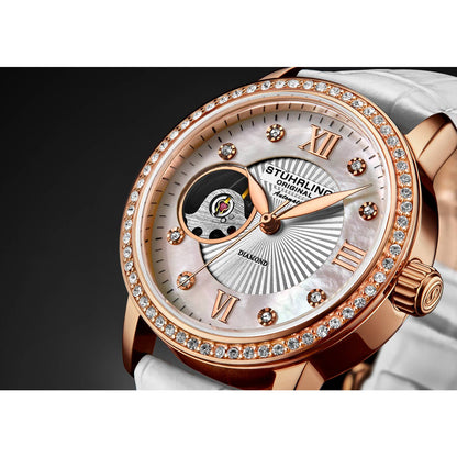 Stuhrling Original Legacy Women's Automatic Watch, 34mm, White Mother-of-Pearl Dial, White Embossed Leather Strap, Skeleton Dial