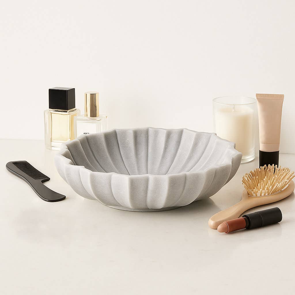 Decorative Tray - White Marble Stylish Petal Edged, 14 in.
