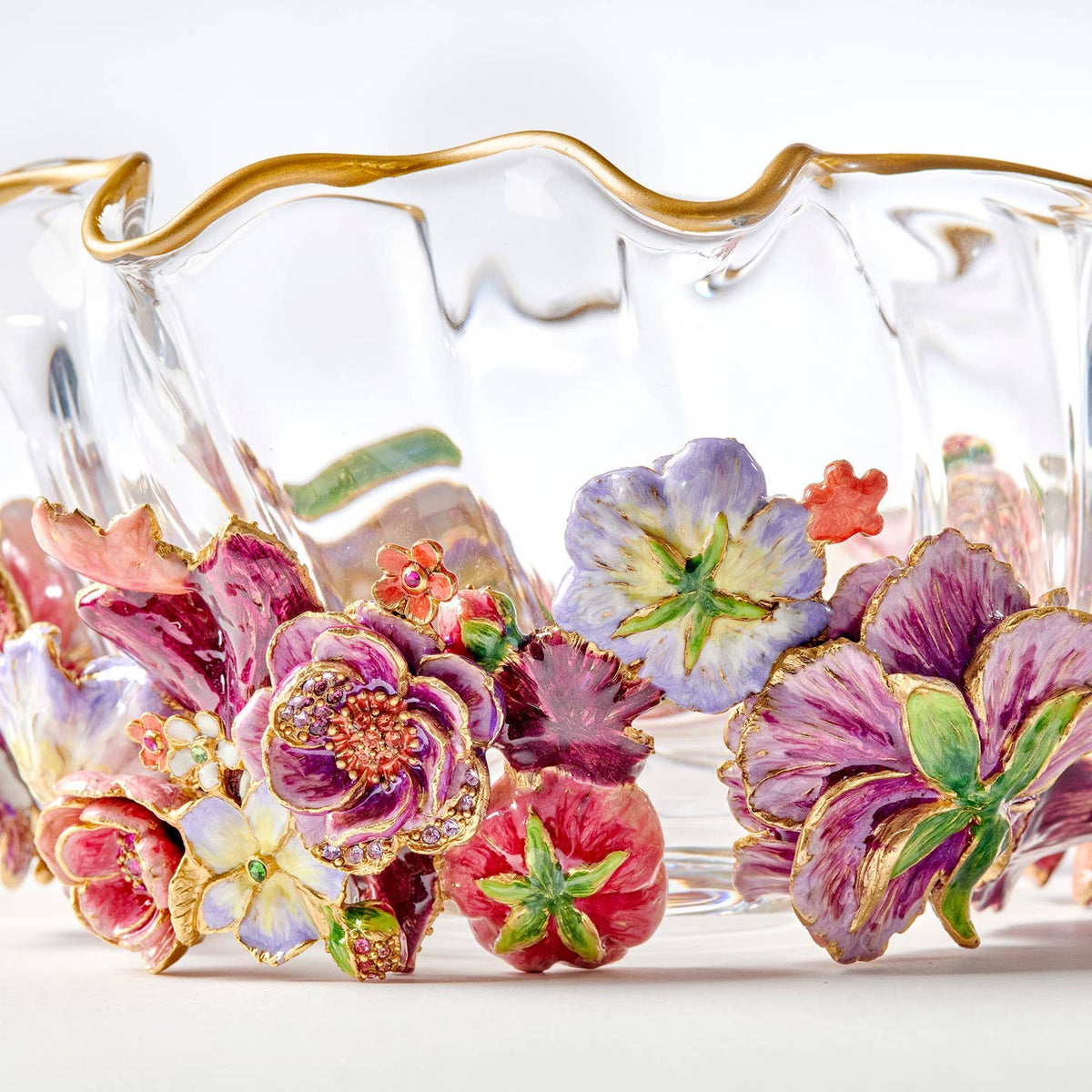 Jay Strongwater Paisley Small Ruffle Flower Swarovski Crystal Enamel Gold-Finished Decorative Bowl
