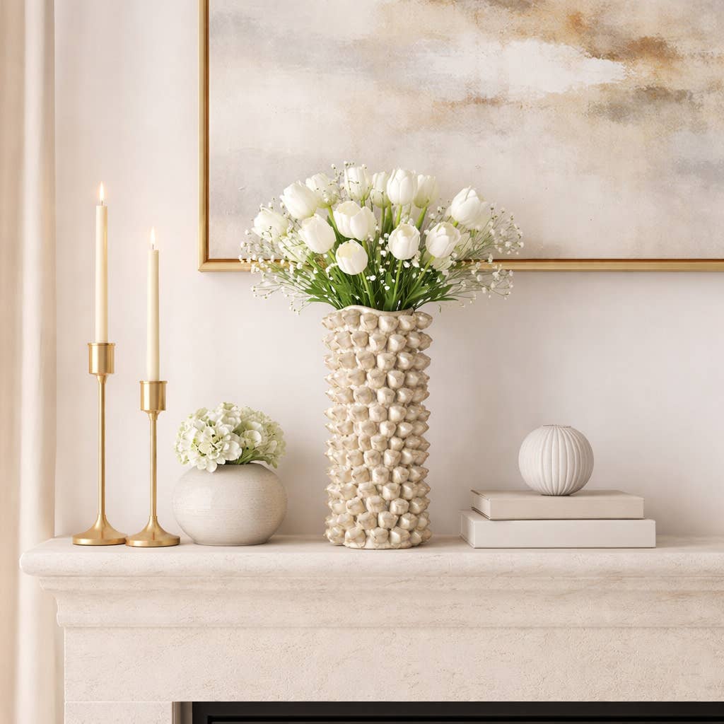 Decorative Vase - Beige Ceramic Floral Design, 13 in.