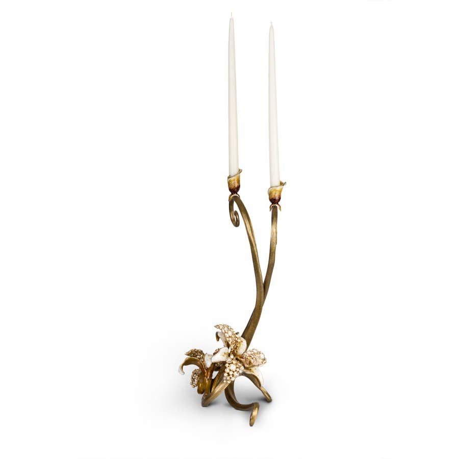 Jay Strongwater Roselyn Orchid Golden Double Candlestick Holder, Leaf Swarovski Crystal Enamel Gold-Finished