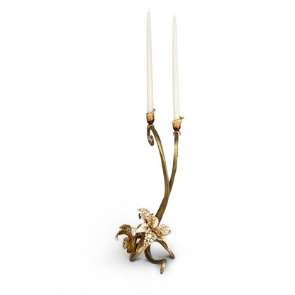 Jay Strongwater Roselyn Orchid Golden Double Candlestick Holder, Leaf Swarovski Crystal Enamel Gold-Finished
