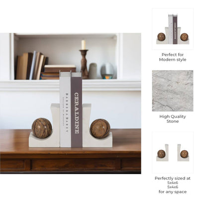 Bookends Set of 2 - Brown Marble Modern Globe Detail, 6 in.