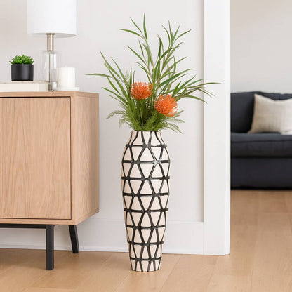 Decorative Vase - Ivory/Silver Ceramic Tribal Design, 28 in.