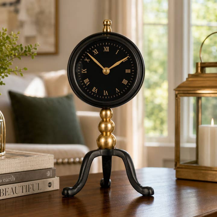 Desk Clock - Gold and Black Metal On Tripod Stand, 10 in.
