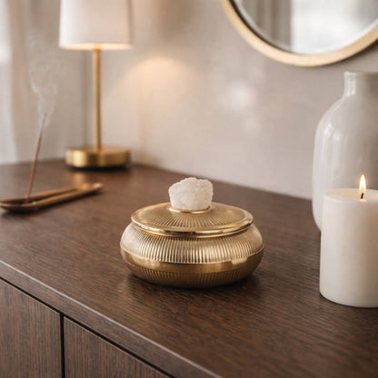 Decorative Box - Gold Metal Round with Stone On Lid, 6 in.