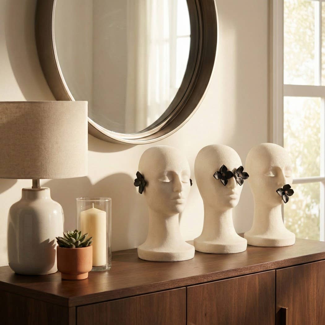 Sculpture Set of 3 - White and Black Resin 3-Heads, 16 in.