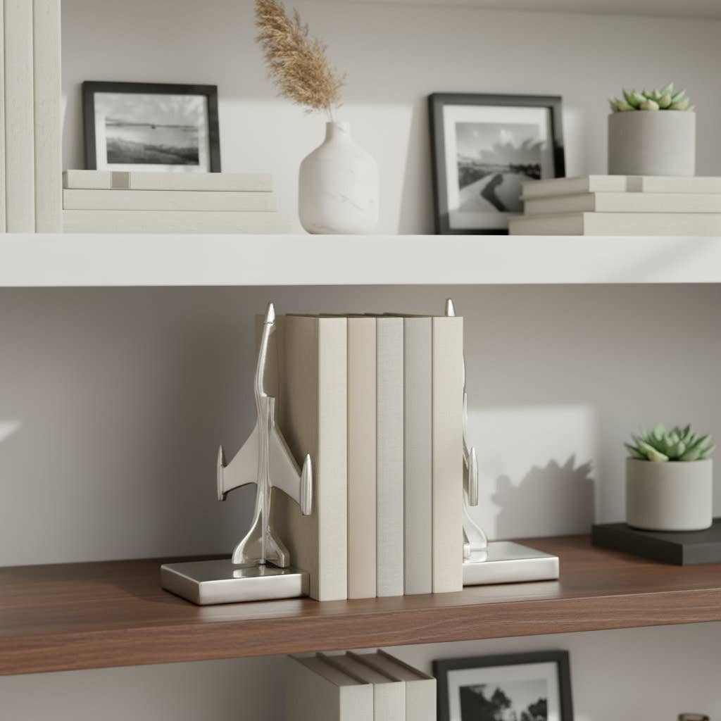 Bookends Set of 2 - Silver Metal Decorative Airplane, 9 in.
