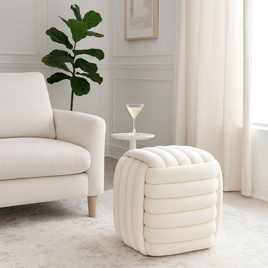 Stool - Cream Velvet Cube Knot with Layered Cushion, 19 in.