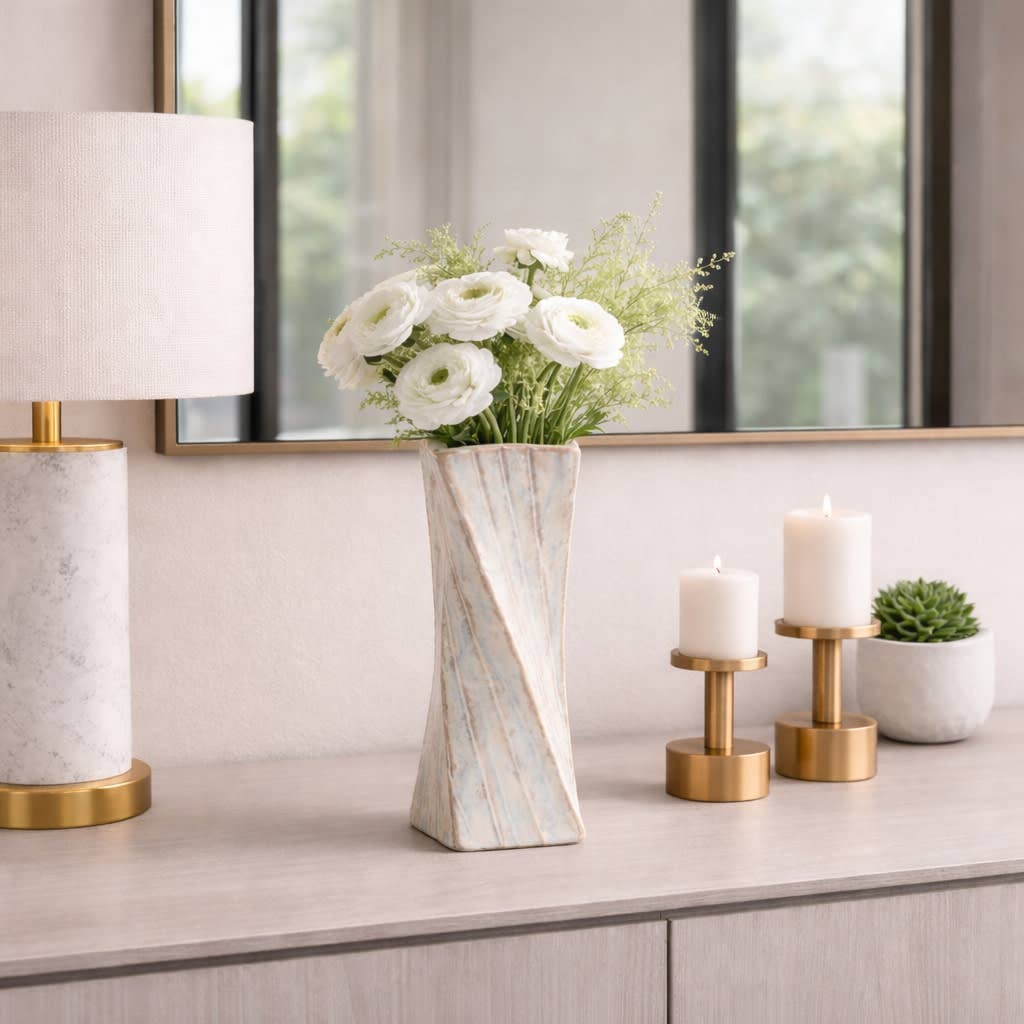 Decorative Vase - Ivory/Brown Ceramic Twist Design, 11 in.
