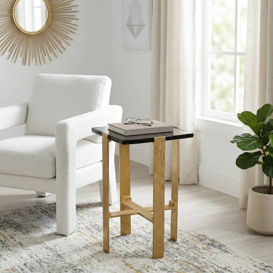Side Table - Gold Glass Square Top with Metall Frame, 24 in.