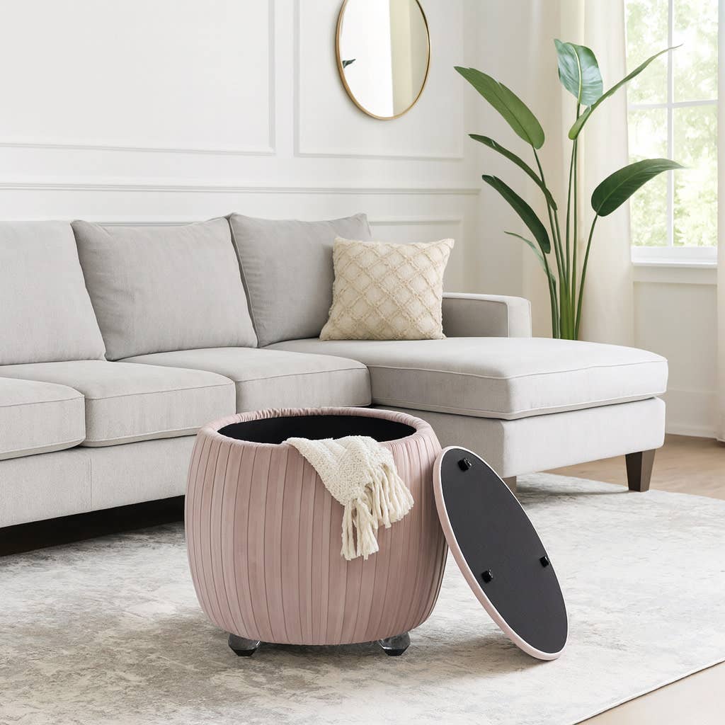 Storage Stool - Pink Wood Round with Cushioned Seat, 18 in.