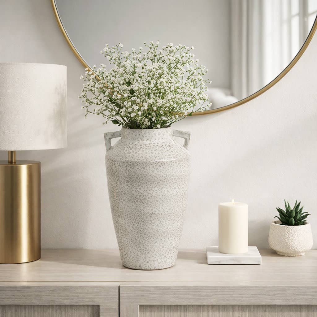 Decorative Vase - White Ceramic Textured Handles, 16 in.