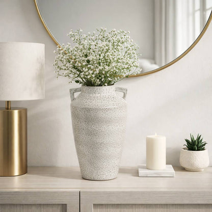 Decorative Vase - White Ceramic Textured Handles, 16 in.