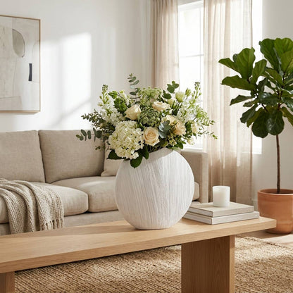 Decorative Vase - White Earthenware Round Minimalist, 15 in.