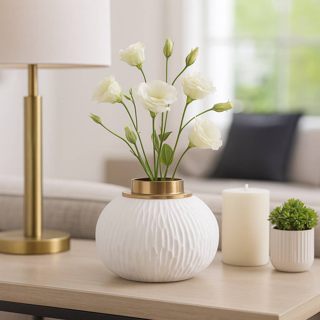 Decorative Vase - White Ceramic Handcrafted Round, 9 in.