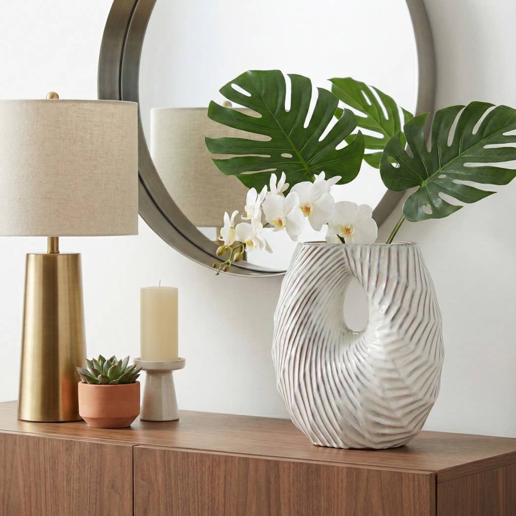 Decorative Vase - White Ceramic Wavy Shell Form, 12 in.