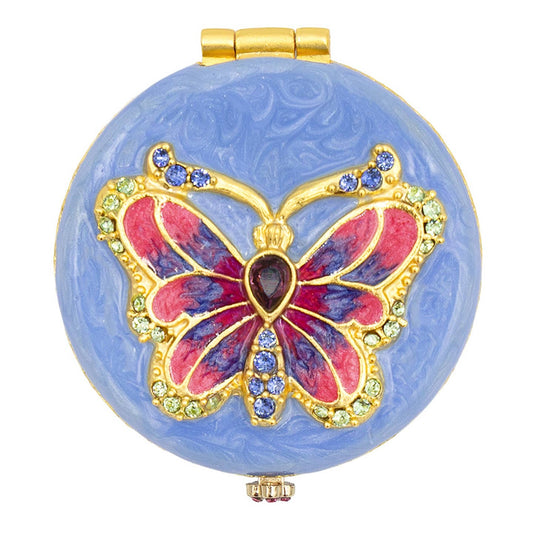 Jay Strongwater Jayla 2" Round Butterfly Compact Mirror, Floral Austrian Crystal Enamel Gold-Finished Flora & Fauna