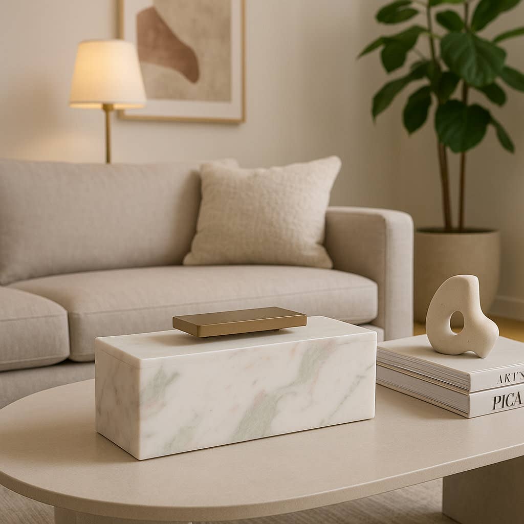 Decorative Box - White Marble with Metal Gold Lid, 16 in.