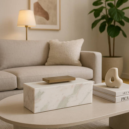 Decorative Box - White Marble with Metal Gold Lid, 16 in.