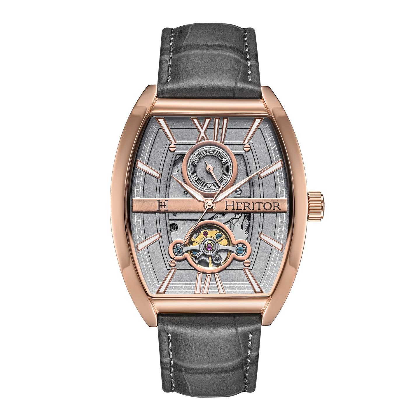 Heritor Masterson Men's Automatic Semi-Skeleton Leather Watch, Rose Gold/Grey