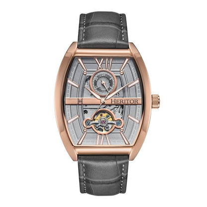 Heritor Masterson Men's Automatic Semi-Skeleton Leather Watch, Rose Gold/Grey