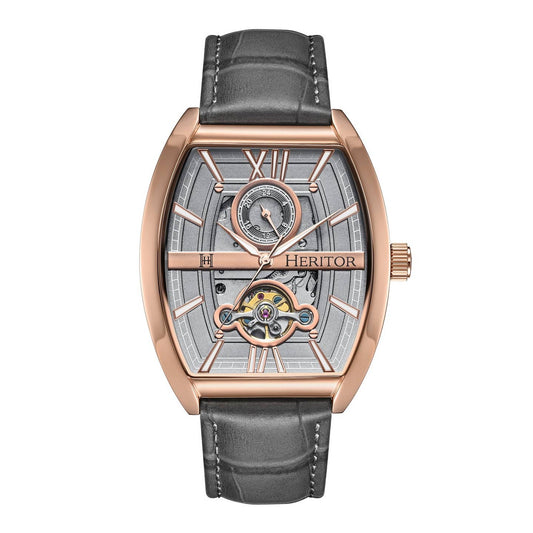 Heritor Masterson Men's Automatic Semi-Skeleton Leather Watch, Rose Gold/Grey