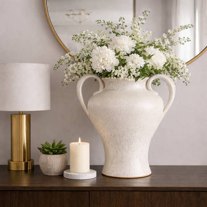 Decorative Vase - White Ceramic Curved Handles Urn, 21 in.