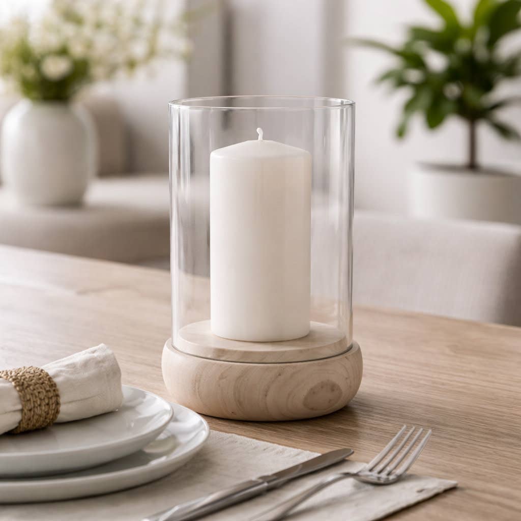 Candle Holder - Ivory/Clear Marble Glass Hurricane, 10 in.