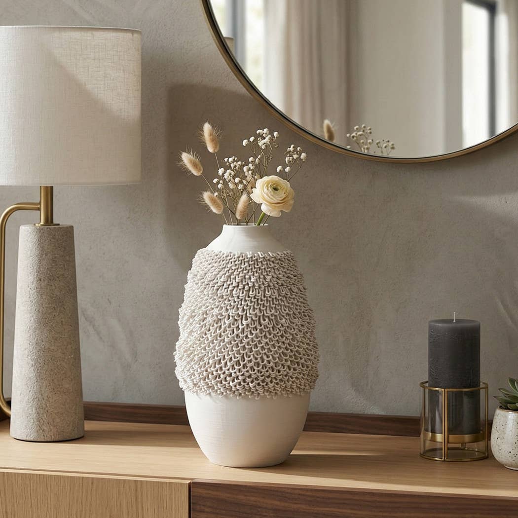 Decorative Vase - Tan Ceramic with Layered Loop Design, 14 in.
