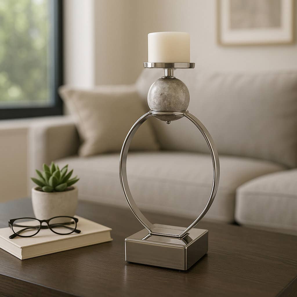 Candle Holder - Silver Metal with Marble Sphere, 21 in.