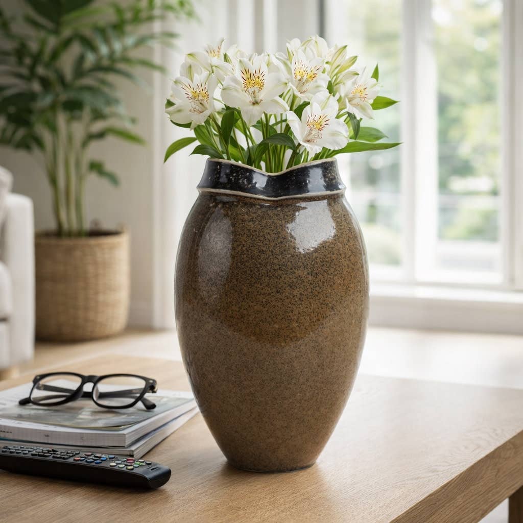 Decorative Vase - Brown Porcelain Sculpted Mouth, 12 in.