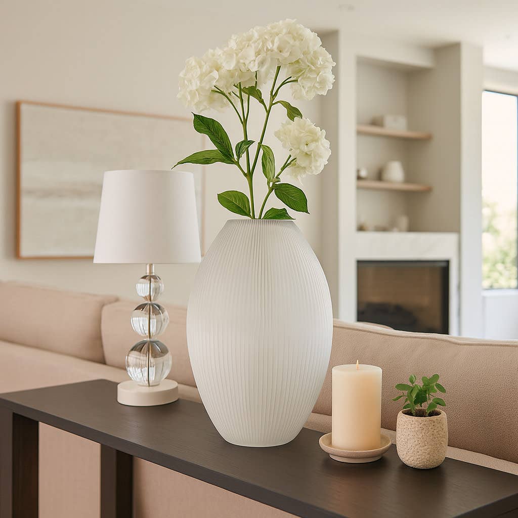 Decorative Vase - White Glass Minimalist Ribbed, 18 in.