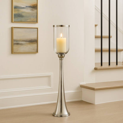 Candle Holder – Silver Metal Glass Hurricane Design, 34 Inch