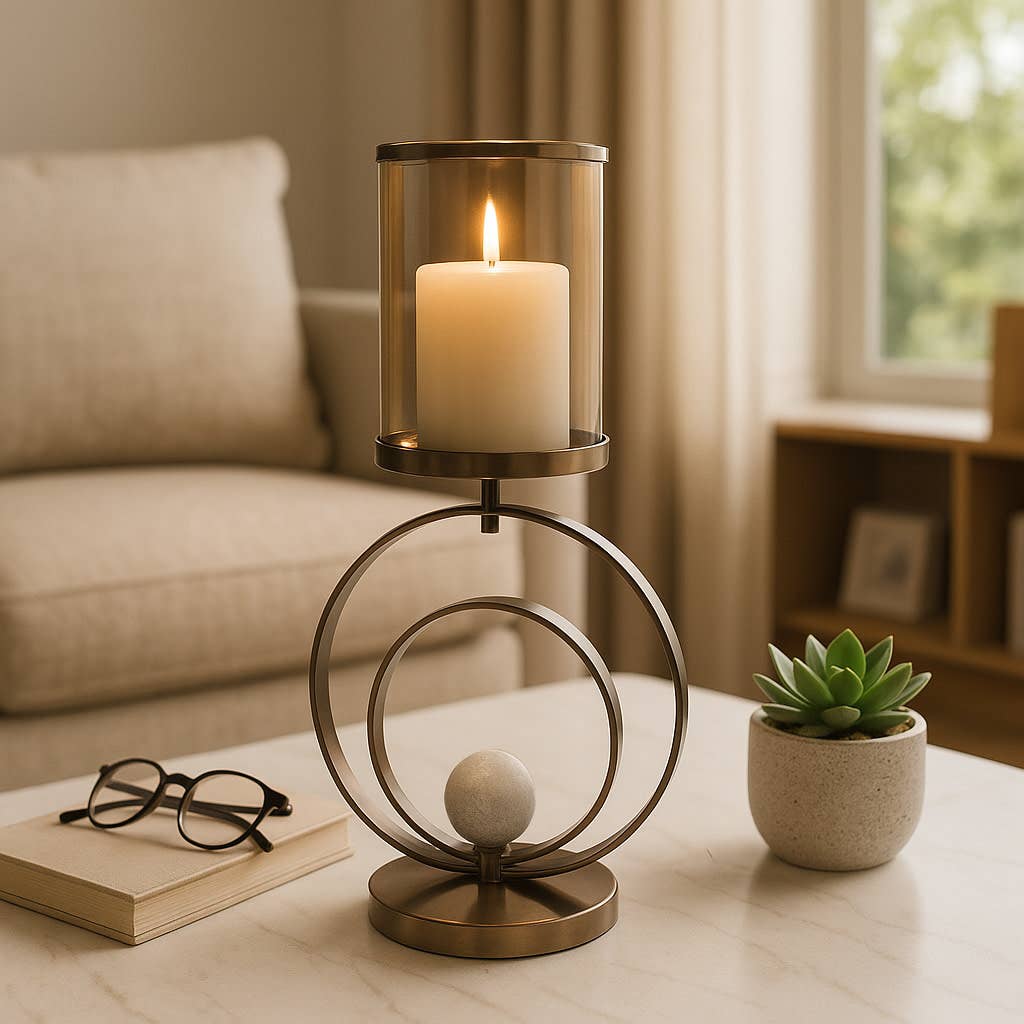 Candle Holder - Bronze Metal Glass Small Hurricane, 22 in.