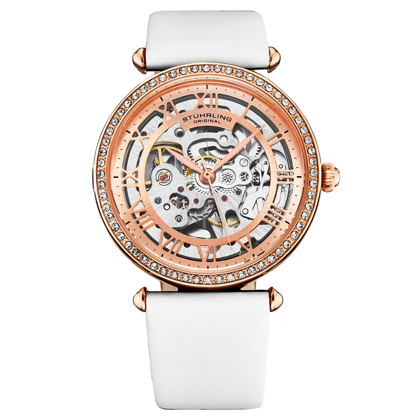 Stuhrling Original Luxe Women's Automatic Watch, White Leather Strap, Skeleton Dial