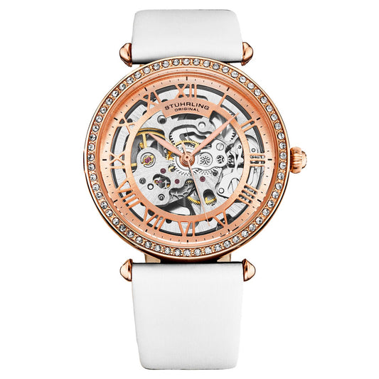 Stuhrling Original Luxe Women's Automatic Watch, White Leather Strap, Skeleton Dial