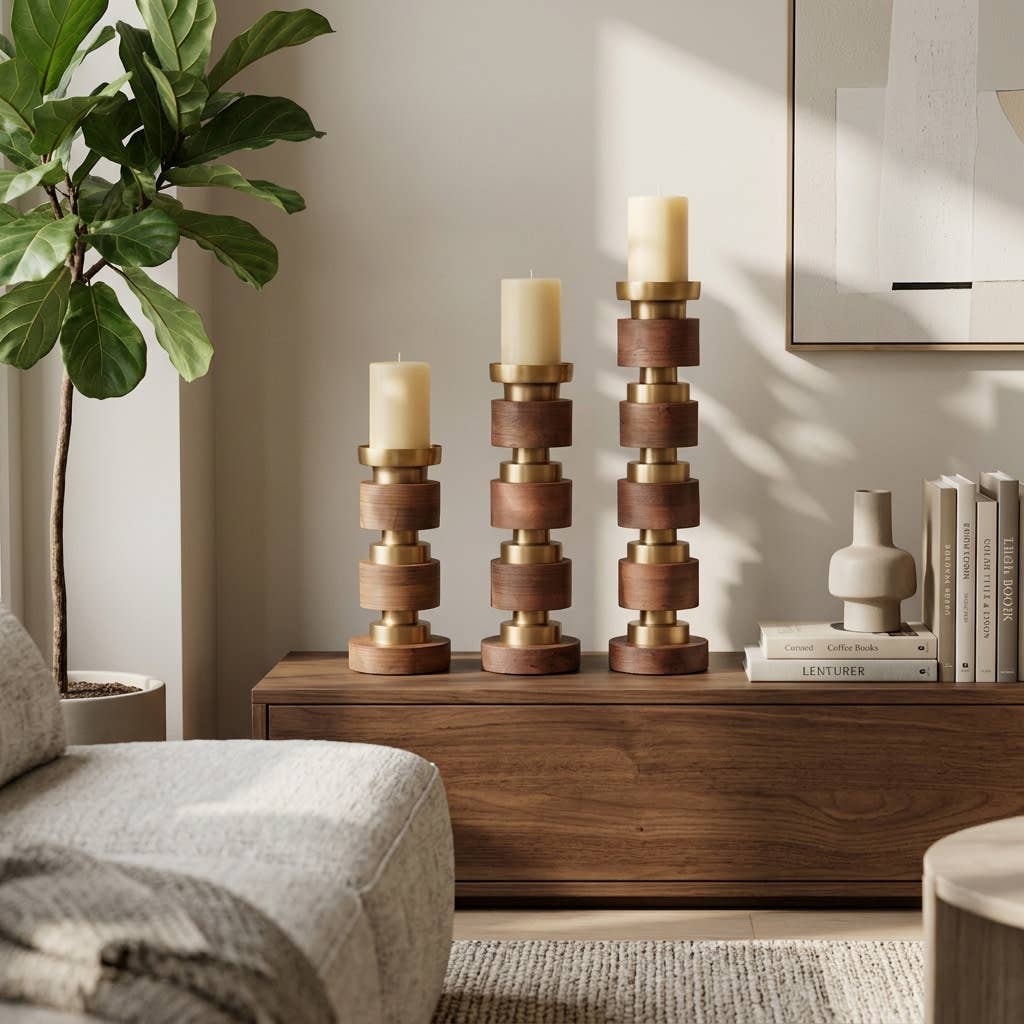 Candle Holder Set of 3 - Brown Wood Stacked, 13/17/22 in.