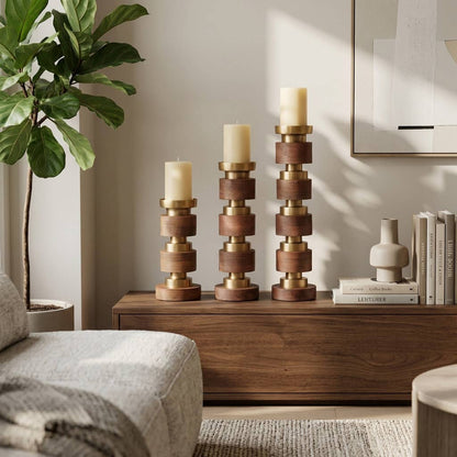 Candle Holder Set of 3 - Brown Wood Stacked, 13/17/22 in.