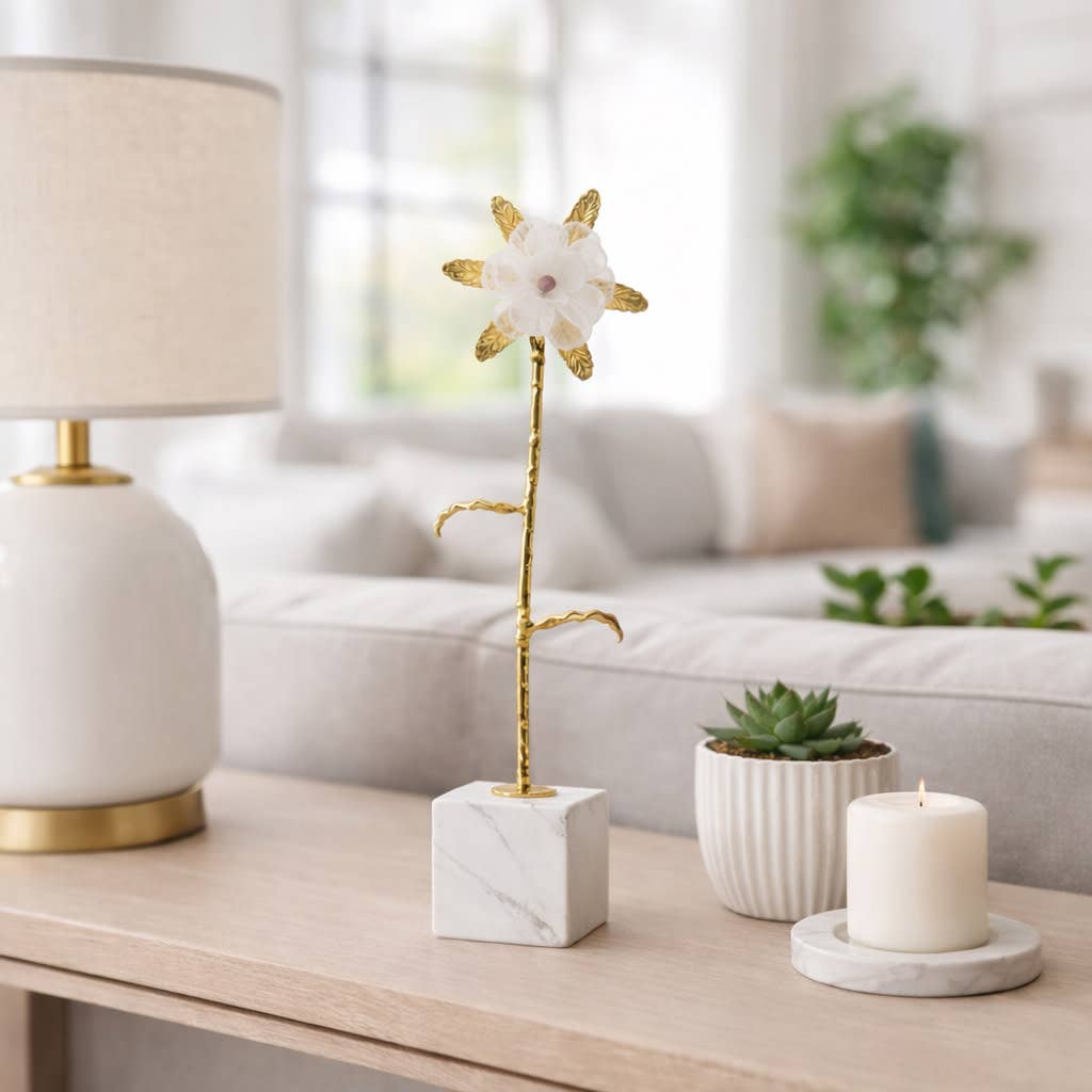 Sculpture - Gold Metal Flower with Marble Base, 21 in.