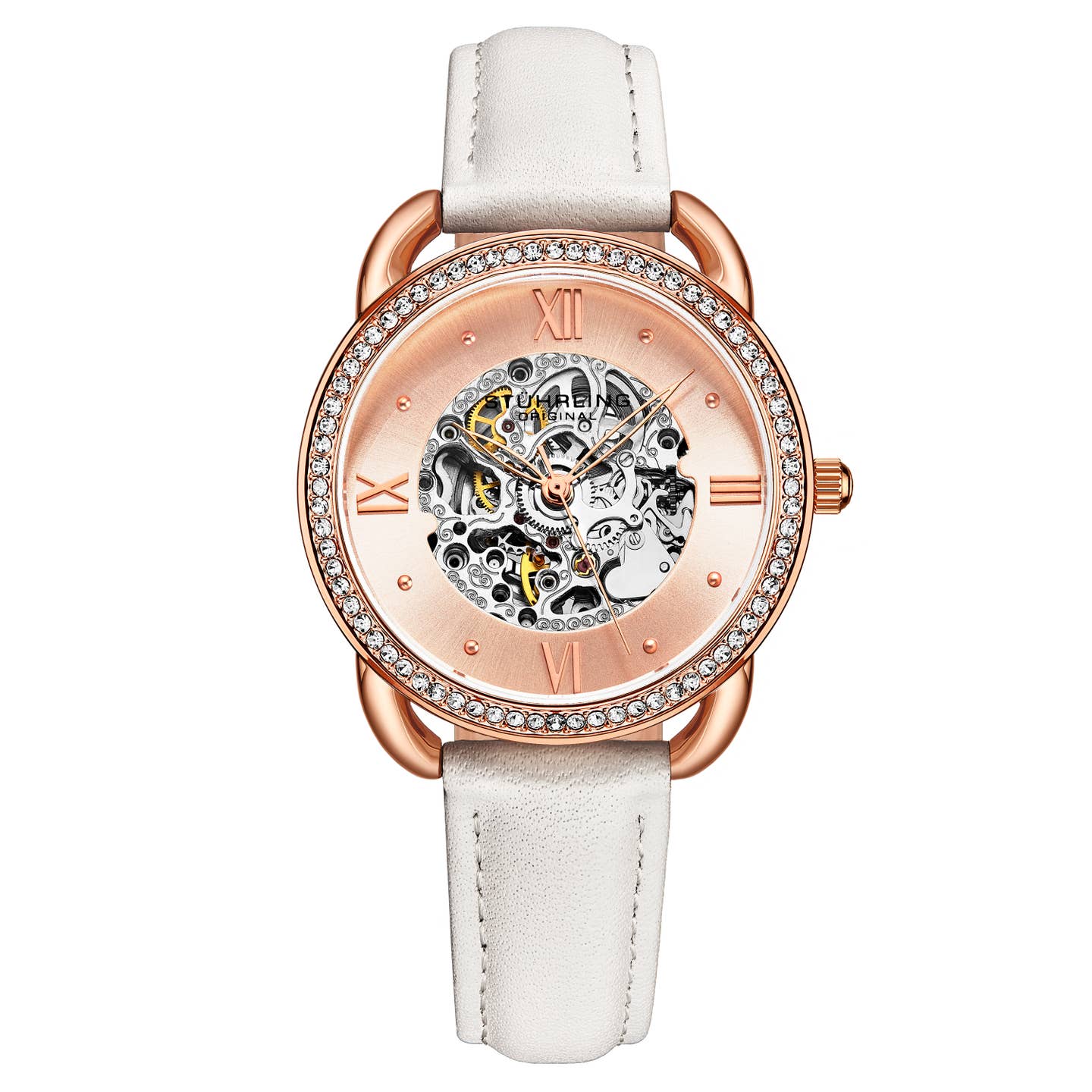 Stuhrling Original Model 3993 Women's Automatic Watch, 36mm, Gold-Tone Dial, White Leather Strap, Skeleton Dial