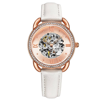 Stuhrling Original Model 3993 Women's Automatic Watch, 36mm, Gold-Tone Dial, White Leather Strap, Skeleton Dial