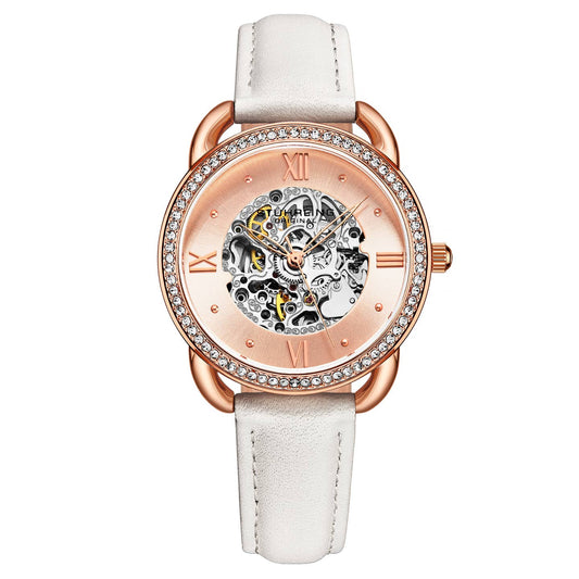 Stuhrling Original Model 3993 Women's Automatic Watch, 36mm, Gold-Tone Dial, White Leather Strap, Skeleton Dial