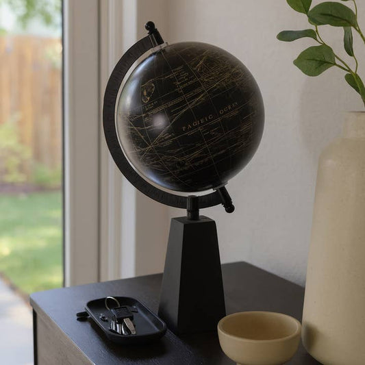 Decorative Globe - Black Plastic Orb with Wood Base, 11 in.