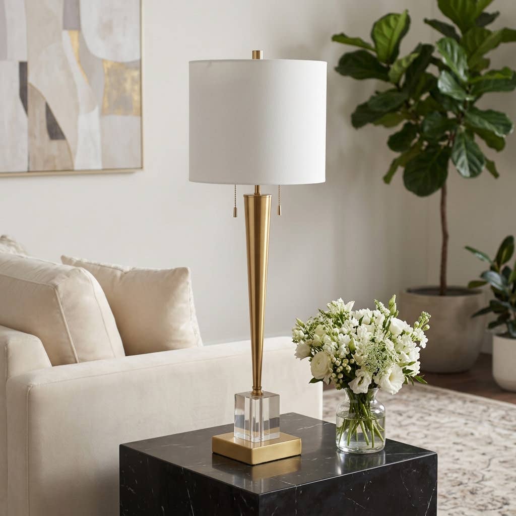 Table Lamp - Gold/White Glass Base Metal Tapered Body, 36 in